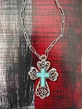 Turquoise Cross Pendant Necklace - Silver Tone